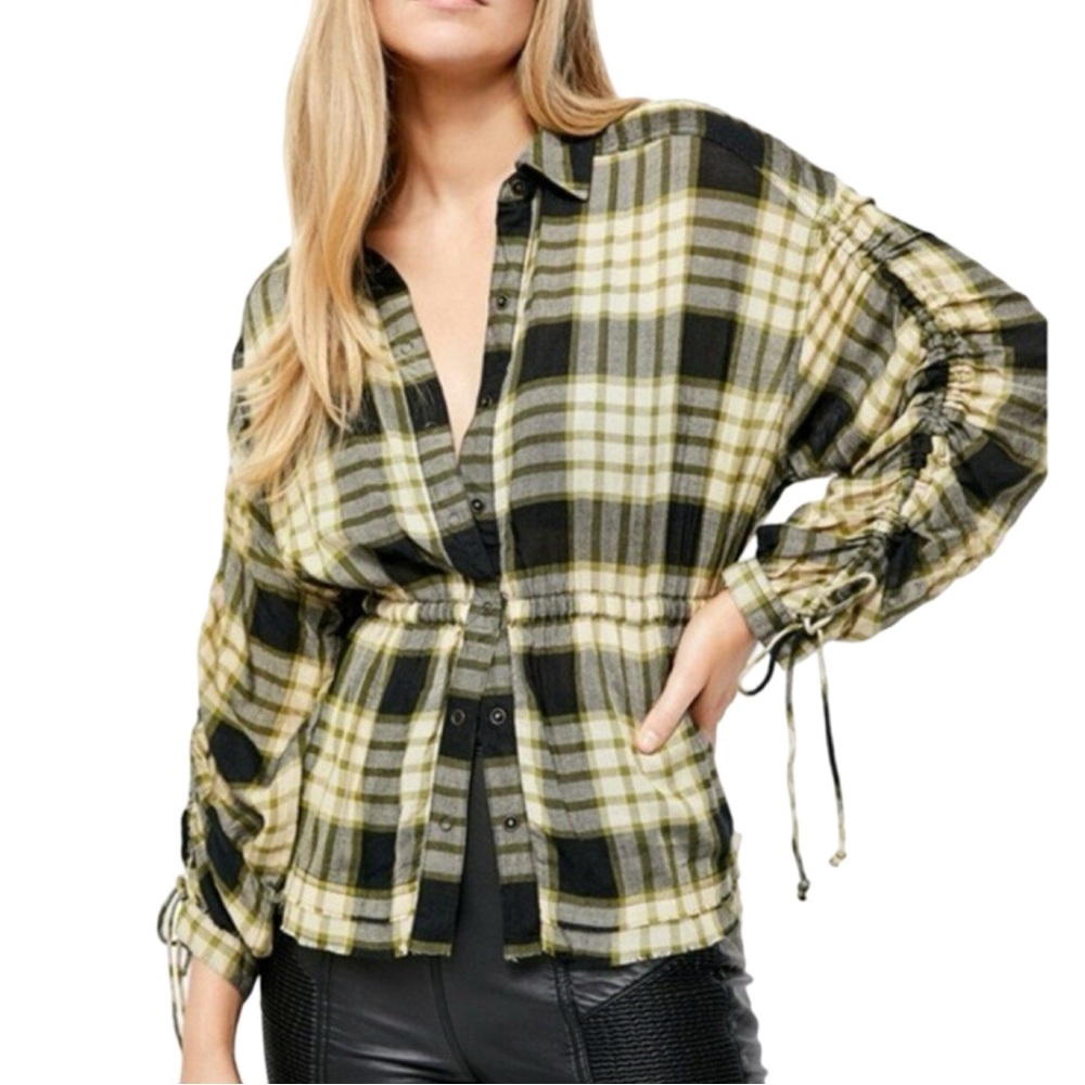 Free People We The Free Pacific Dawn Plaid Top NWT Cinched Waist Boho Button Top